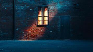 Illuminated window behind bars casts a warm glow on a textured brick wall, juxtaposed with a dark doorway in a deserted urban scene. photo