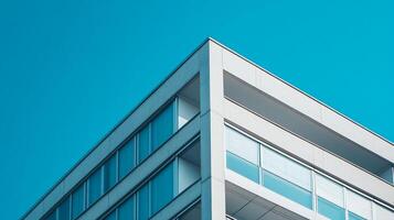 Modern building with a geometric architectural design and a clear blue sky. Captures the beauty of urban structures. photo