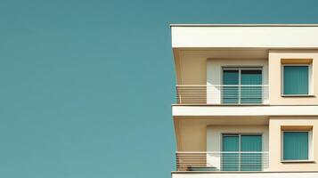 Minimalist modern building against a clear turquoise sky, featuring clean lines, balconies, and window frames. Simple architectural elegance. photo