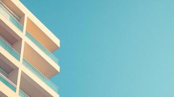 Minimalist architecture meets the sky. Cream building with balconies contrasts with a serene turquoise backdrop. Simplicity in urban design. photo