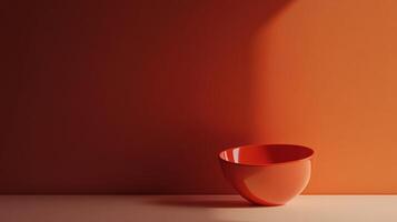 A vibrant orange bowl sits poised on a minimalist surface, bathed in soft, natural light, creating a striking, modern composition. photo