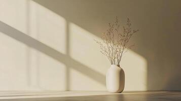 Minimalist floral arrangement in warm light. Delicate stems in a simple vase create a serene, modern aesthetic on a sunlit surface. photo