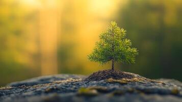 A tiny green sapling emerges from a rocky surface against a softly blurred forest background, symbolizing growth and resilience in nature. photo