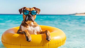 Cool dog chilling in a yellow float in the ocean wearing sunglasses on a bright sunny day. Summer vibes and relaxation at the beach. photo