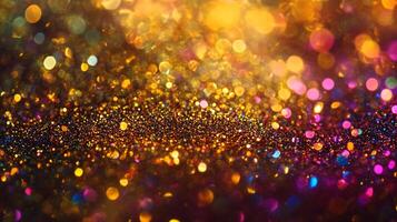 A dazzling spectacle of gold and colorful sparkles create an enchanting ambiance. Ideal for festive designs and creative projects. photo