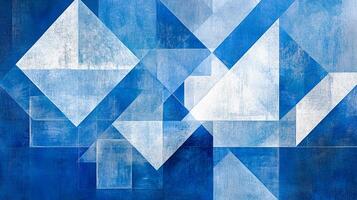 Abstract geometric design in shades of blue and white. Overlapping triangles and squares create a dynamic and modern visual texture. photo