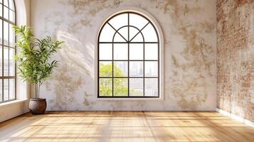 Rustic interior with an arched window and a potted plant, wooden floor reflecting sunlight. A blend of nature and urban views. photo
