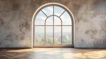 Interior view with large arched window framing cityscape, sunlight on wood floor, textured wall backdrop, offering open modern luxury. photo