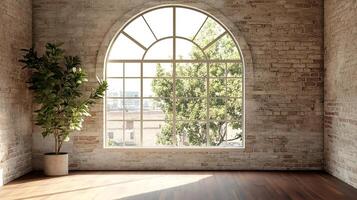 Bright interior with exposed brick, a large arched window framing lush greenery, and a potted plant adding a touch of nature. photo