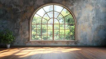 Sunlit room with rustic walls and a large arched window framing a view of trees and a building. A potted plant sits in the corner. photo