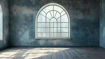 Spacious room with large window overlooking city, sunlight reflecting on wooden floor, highlighting texture of aged walls in interior photo