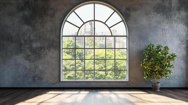 An arched window in a room with a tree. View includes leafy trees, buildings, and skylines. Sunlight streams in from the large window. photo