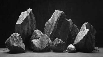 Monochrome rocks in an arranged setting create stark contrasts, with varying textures and dramatic lighting highlighting their geological forms. photo