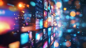 Wall of screens displaying code and data, creating a digital network effect with vibrant colors and abstract, futuristic aesthetics. photo