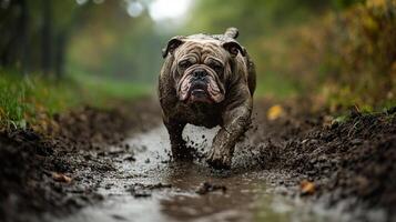 Determined Bulldog stomps through muddy terrain, leaving splashes in its wake on a forest trail, capturing resilience and raw energy. photo
