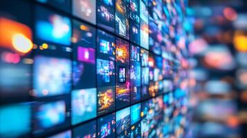 A vibrant wall of screens displaying assorted digital content, creating a dynamic and engaging visual display with depth and perspective. photo