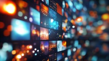 Illuminated screens showcase a vibrant display of lights and cityscape images, reflecting modern technology and captivating visuals. photo