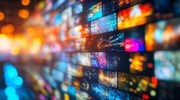 Abstract wall display of vibrant screens showing data, colorful patterns and bokeh lights create a captivating tech-inspired atmosphere. photo