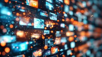 Abstract display of numerous screens with glowing particles. A network of connected visuals, suggestive of data or digital interfaces. photo