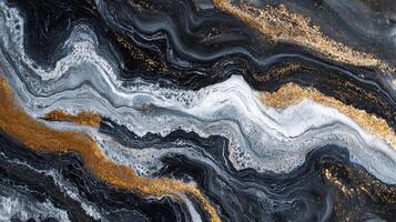 Abstract marble-like background with dynamic swirls of black, white, grey, and gold, creating a sense of depth and luxury. photo