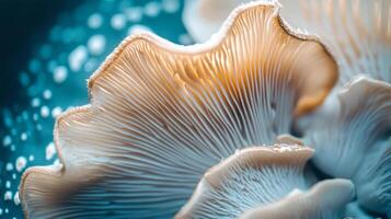 Intricate mushroom gills create a captivating abstract pattern, highlighting nature's delicate textures and organic shapes. photo