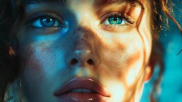 Striking portrait capturing a person's beauty with a play of warm and cool lighting that accentuates features and skin texture. photo