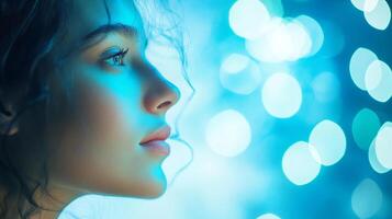 Elegant profile portrait illuminated by bokeh. The dreamy, soft lighting highlights the serene beauty of the subject's thoughtful expression. photo