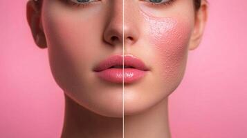 Rosacea comparison reveals flushed skin and bumpy texture versus smooth complexion in a pink background. Skin health and cosmetic treatment differences. photo