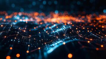 Abstract network of interconnected dots, glowing orange and blue, on a textured surface conveying connectivity and modern digital technology. photo