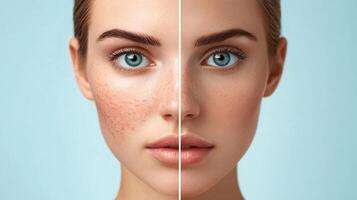 Skincare transformation showcasing facial redness reduction and improved skin texture for a smoother complexion. Before and after results. photo