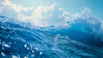Crashing wave under a sunny sky. Bright turquoise water curls and crests, showcasing power of the ocean against a backdrop of fluffy clouds. photo