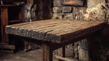 Rustic wooden table stands sturdy in a dimly lit, textured room, offering a timeless charm and a touch of vintage simplicity. photo