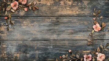 Rustic floral arrangement of peach blossoms against a backdrop of weathered planks. Perfect for backgrounds and creating a warm feeling. photo