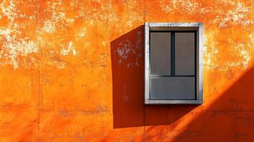 Rustic orange wall with a stark window frame and a sharp shadow, capturing a moment of architectural simplicity and visual contrast. photo