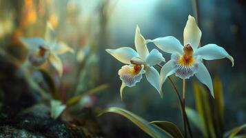 Delicate white orchids with intricate center patterns bloom in a soft, dreamlike forest setting, bathed in gentle light. photo