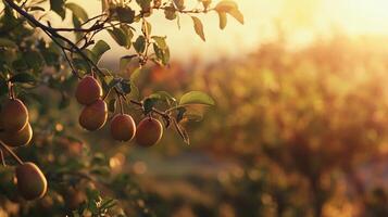 Ripe fruit hangs from a tree branch in the warm sunlight. The idyllic scene evokes a sense of abundance and natural beauty. photo