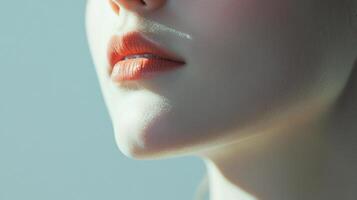 Close-up shot highlighting soft coral lips with light catching the skin. Subtle details and delicate textures create a gentle and elegant aesthetic. photo