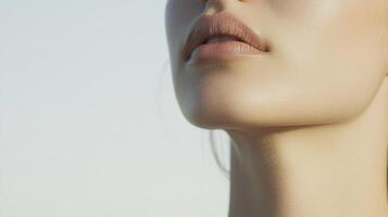 Close-up of a face with focus on lips and neck displaying beautiful skin. Delicate color and texture. Sunlight on the skin. photo