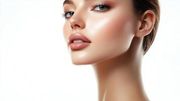 Radiant beauty portrait showcasing luminous skin, defined features, and captivating eyes in a clean, elegant composition against white backdrop. photo