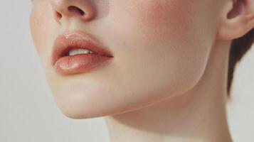 Close up of a face with glossy lips showing a few teeth with a neutral background creating a focus on the lips and skin textures. photo