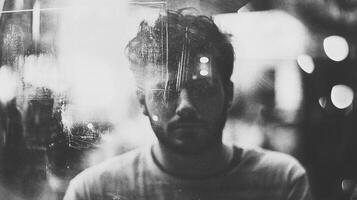 Monochrome portrait of a person with distressed effects, creating a ghostly or ethereal artistic aesthetic in black and white. photo