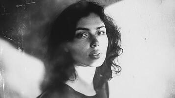 Monochrome portrait of a woman with freckles and wavy hair, bathed in soft light against a textured backdrop, evokes timeless elegance. photo