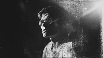 Pensive portrait of a man with glasses in a dimly lit setting, evoking a sense of introspection and thoughtfulness, with a vintage film. photo
