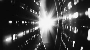 Black and white abstract view of light between buildings creates a dynamic cityscape, emphasizing contrast and urban energy. photo