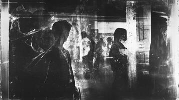 Abstract monochrome image of silhouetted figures in a crowded space, evoking mystery and introspection through its grainy texture. photo