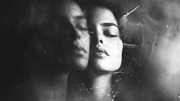 Monochrome portrait featuring two faces, one faded with freckles, evoking mystery and introspection in a timeless black and white style. photo