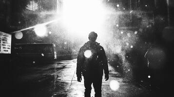 Solitary figure walking in the rain. City lights illuminate the dark street, creating a moody and mysterious atmosphere. Black and white photography. photo