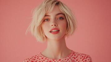 Blonde woman with a floral top posing in front of a pink background, showing a fashionable and fresh look with her casual hairstyle. photo