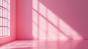 A minimalist pink room bathed in sunlight streaming through a window, creating a bright and calming atmosphere. Light and shadow play. photo