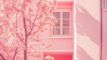 Blossoms frame a building facade, bathed in gentle pink hues, where nature's beauty meets architectural form in a serene spring setting. photo